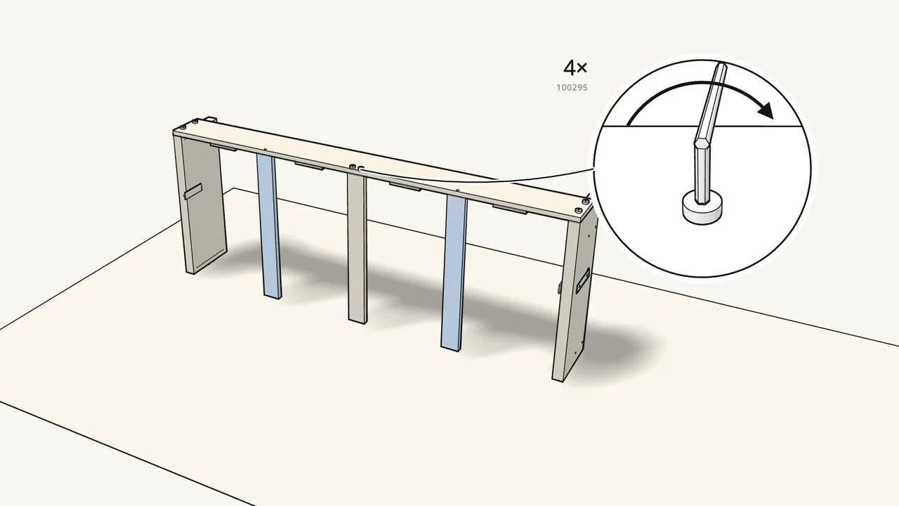Step 3: Fit the 3 slats under the rail, screws 100295 from the top. — IKEA FRIHETEN assembly