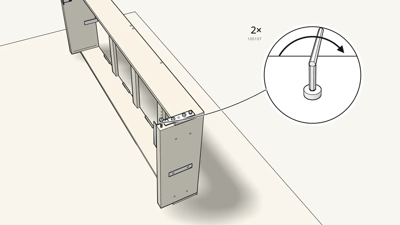 Step 6: Screw in 2 bolts (105107) by hand — leave a gap under the head. — IKEA FRIHETEN assembly