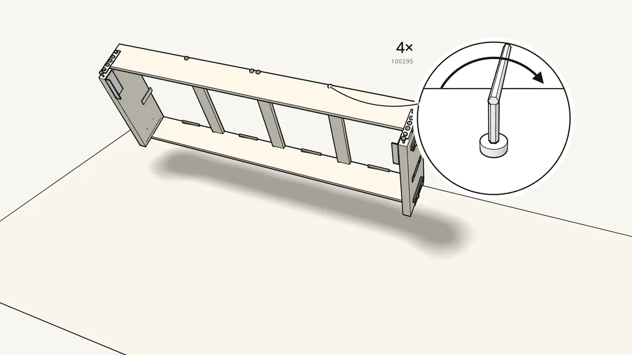 Step 9: Screw 4 screws (100295) into the slats, then lay the frame down. — IKEA FRIHETEN assembly