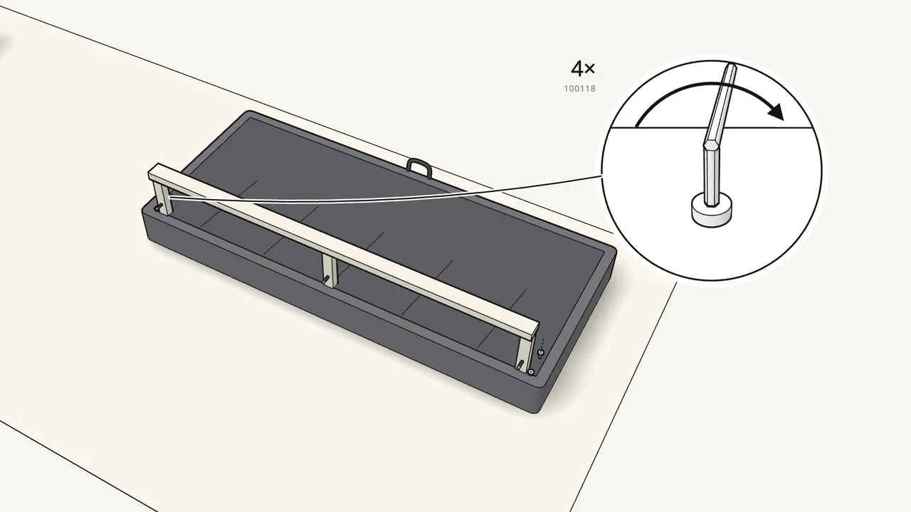 Step 15: Screw in 4 bolts (100118) by hand — leave a gap under the head. — IKEA FRIHETEN assembly