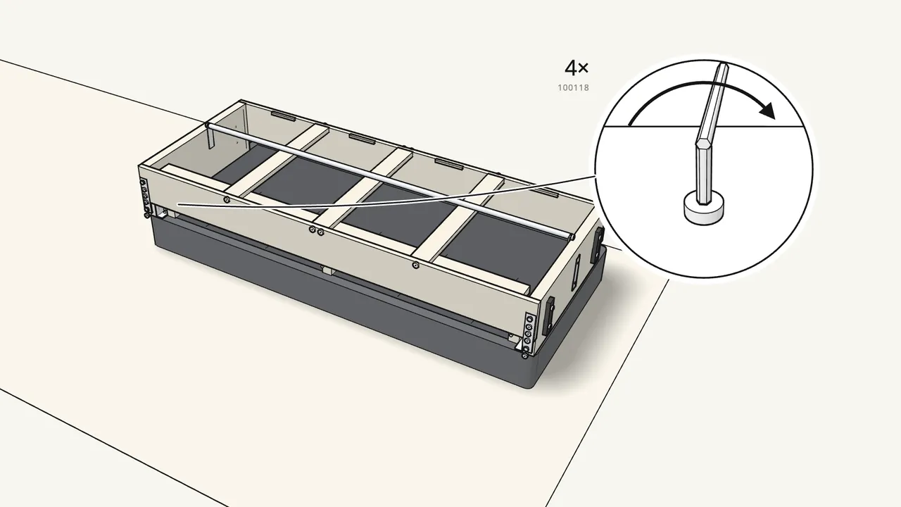 Step 17: Slide the frame to lock the 4 bolts, then tighten them. — IKEA FRIHETEN assembly