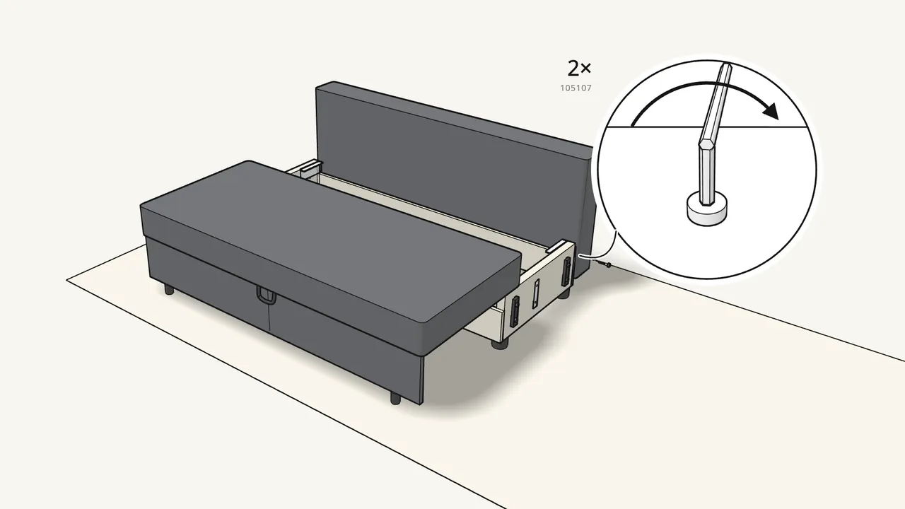 Step 20: Hang the backrest on the frame, then fix it with 2 bolts (105107). — IKEA FRIHETEN assembly