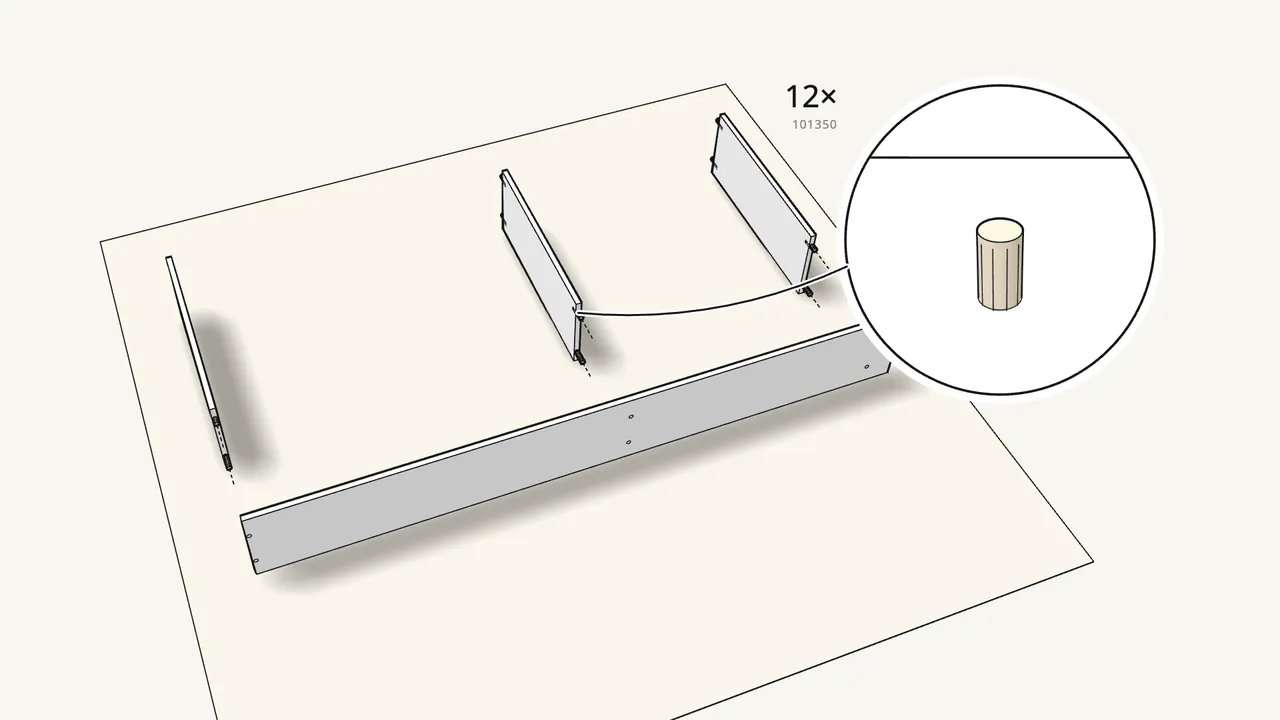 Step 1: Push 12 wooden dowels (101350) into the top, bottom and fixed shelf. — IKEA GERSBY assembly