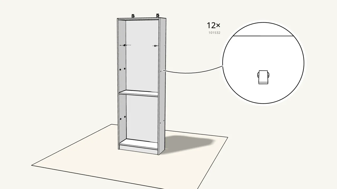 Step 13: Push 12 shelf pins (101532) into the side holes. — IKEA GERSBY assembly
