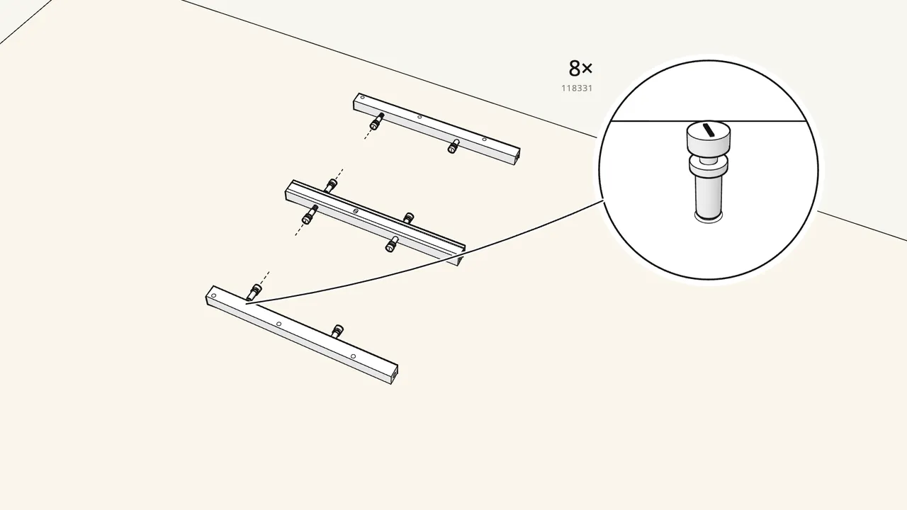 Step 1: Screw 8 cam bolts (118331) into the four legs. — IKEA HEMNES assembly