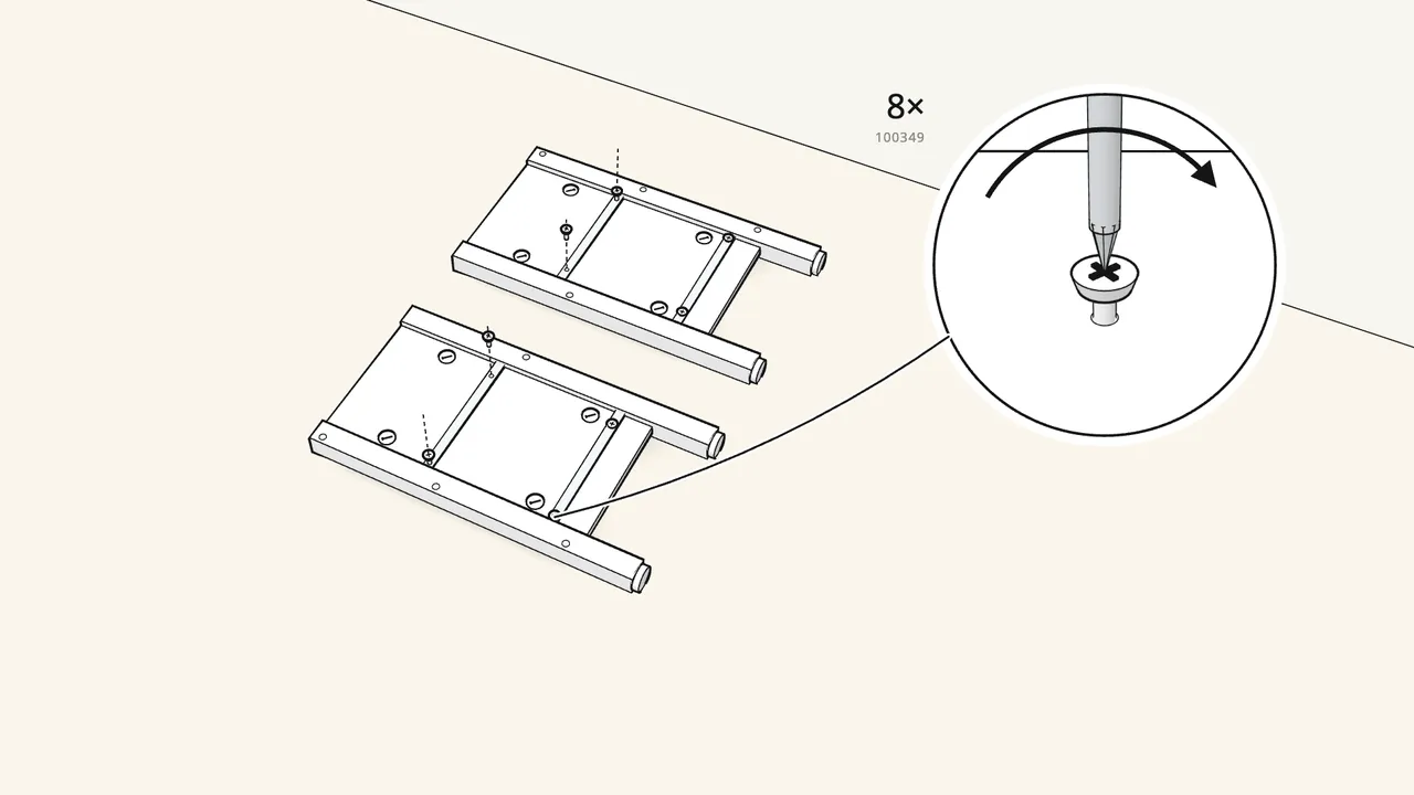 Step 5: Screw a runner (112479) to each panel: 2 screws (100349) each. — IKEA HEMNES assembly