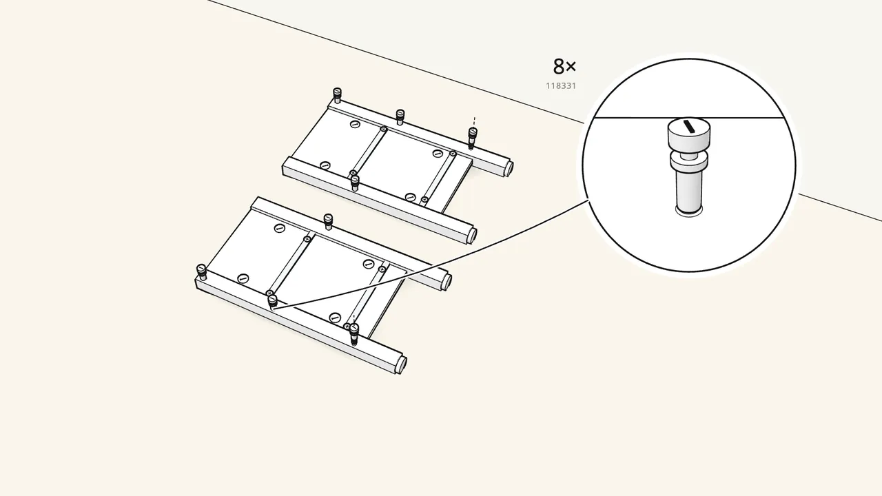 Step 6: Screw 8 cam bolts (118331) into the inner faces of the legs. — IKEA HEMNES assembly