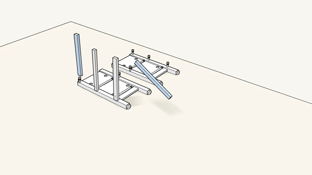 Step 7: Push 4 dowels (101350) into the rails and stand them in the frame. — IKEA HEMNES assembly