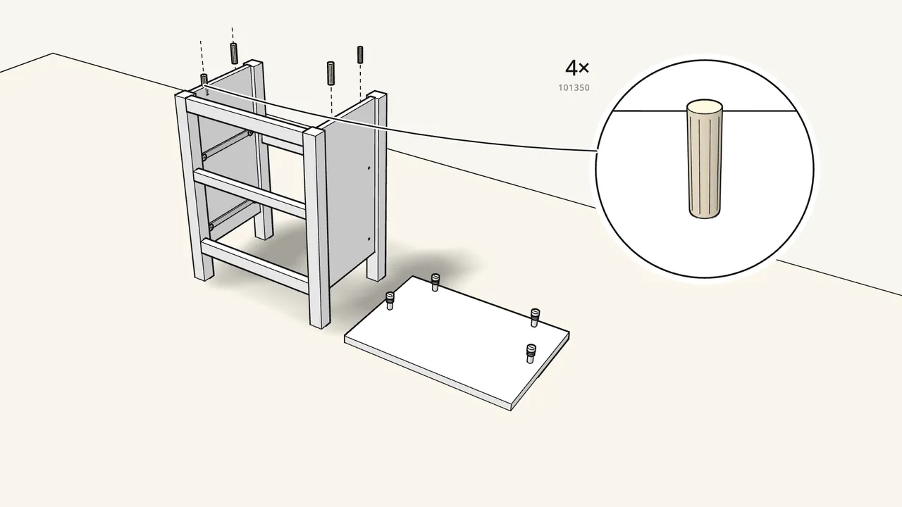Step 11: Stand the chest up. Push 4 dowels (101350) into the side panels. — IKEA HEMNES assembly