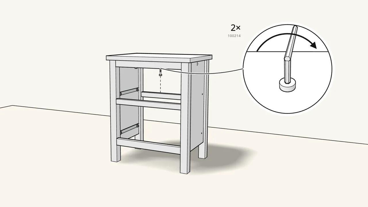 Step 13: Screw 2 screws (100214) up through the top rail into the top. — IKEA HEMNES assembly
