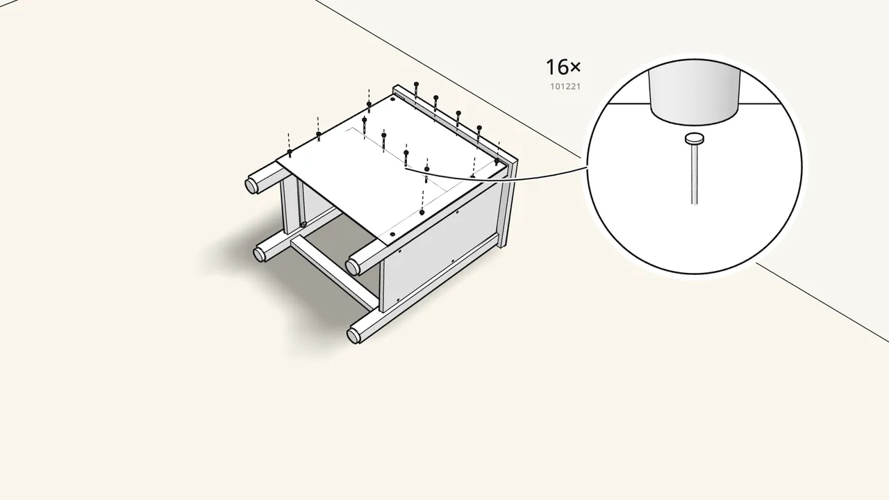 Step 14: Lay the chest on its front. Nail on the back panel: 16 nails (101221). — IKEA HEMNES assembly