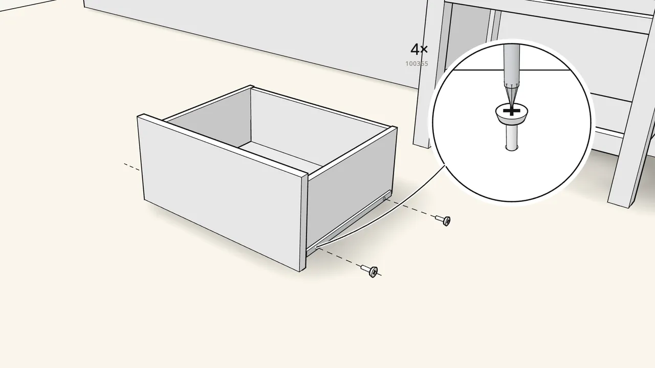 Step 21: Turn it upright and screw on the 2 runners: 4 screws (100365). — IKEA HEMNES assembly