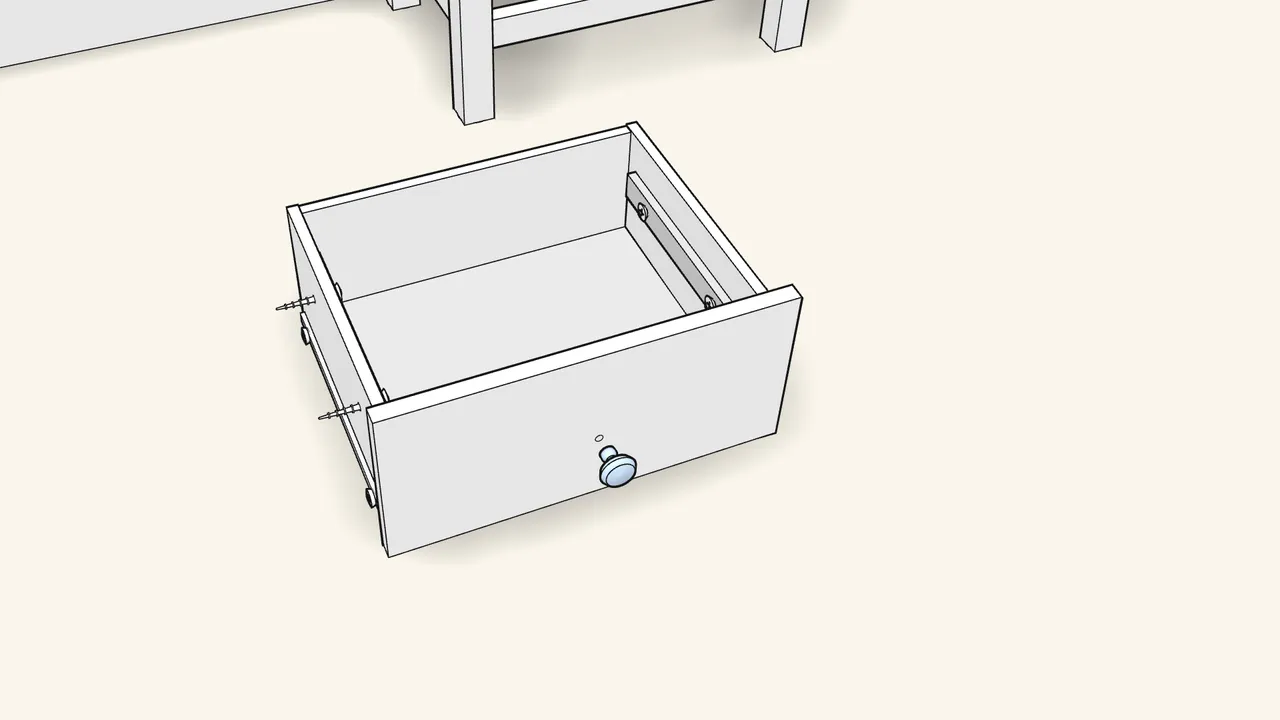 Step 22: Screw the 2 tray strips inside (4 screws 109053). Fit the knob. — IKEA HEMNES assembly
