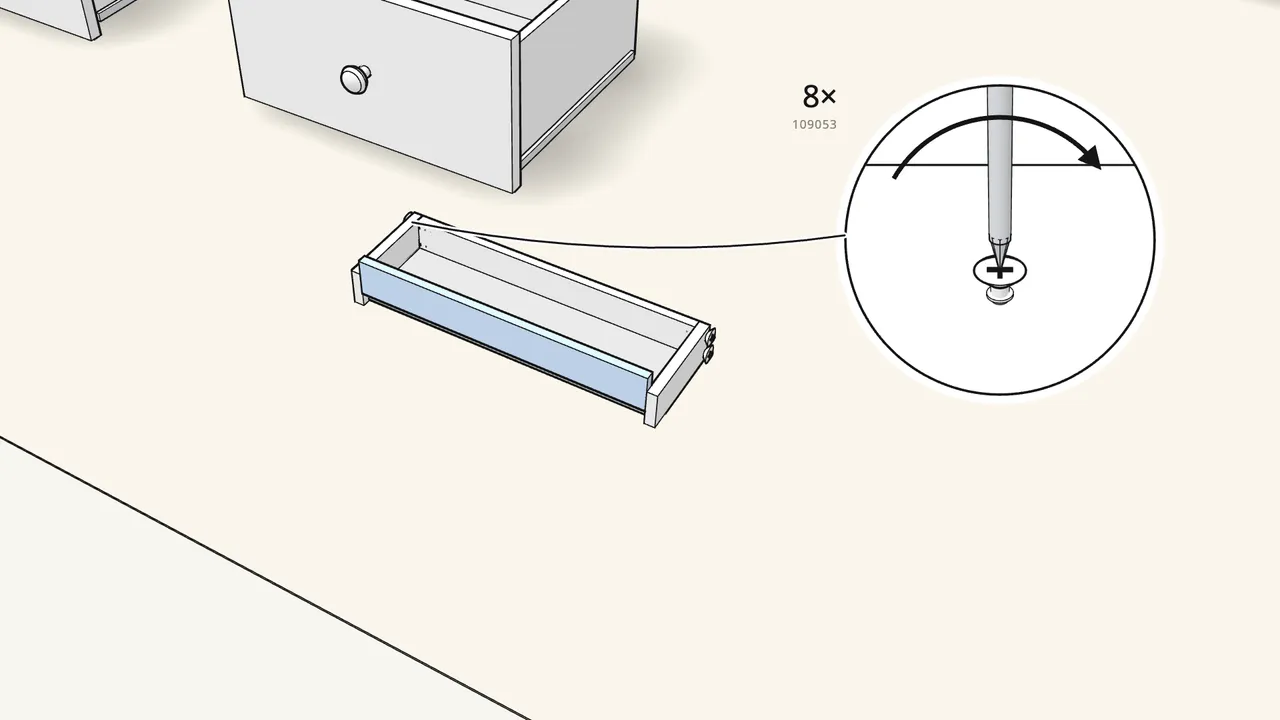 Step 24: Tray: screw the ends to one side, slide in the bottom, add the other side. — IKEA HEMNES assembly