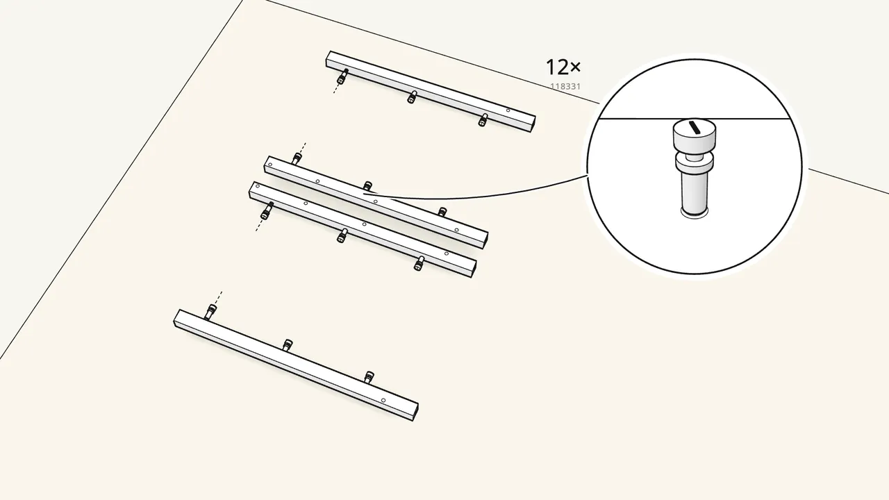 Step 1: Screw 12 cam bolts (118331) into the four legs. — IKEA HEMNES assembly