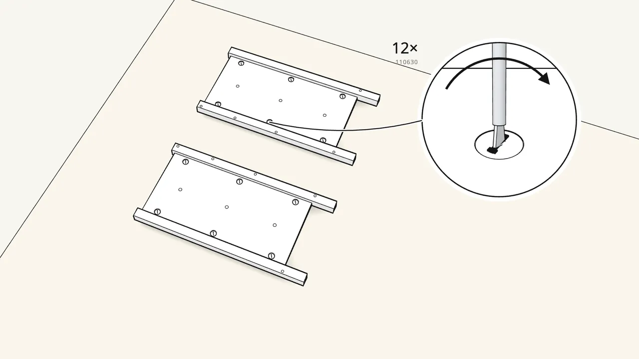 Step 3: Insert 12 cam locks (110630) and turn them clockwise. — IKEA HEMNES assembly