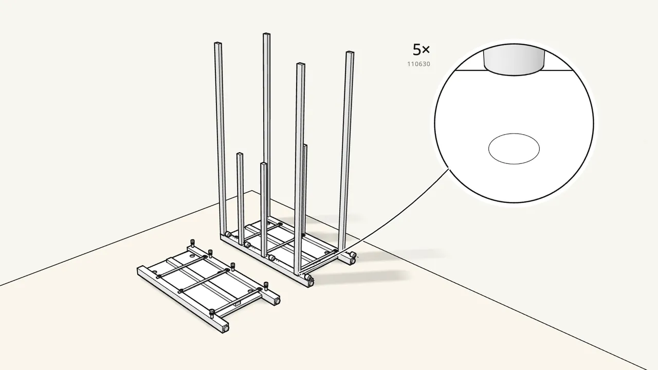 Step 7: Stand the rails in the left frame and lock with 5 cam locks. — IKEA HEMNES assembly