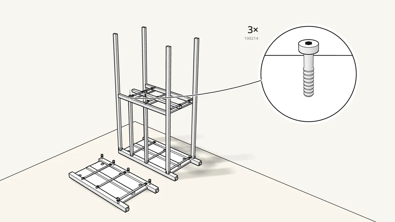 Step 9: Lower the divider onto the rails. Fix with 3 screws (100214). — IKEA HEMNES assembly