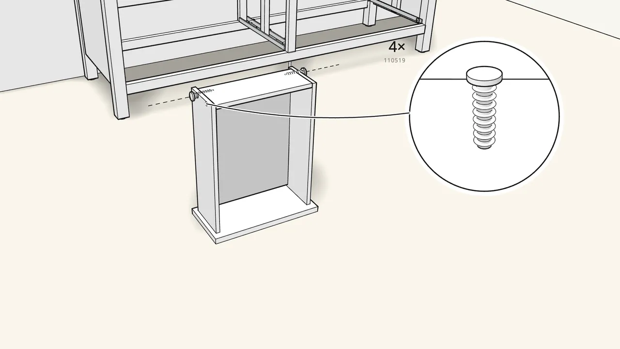 Step 22: Slide the bottom into the grooves. Add the back and tap in 4 screw-dowels. — IKEA HEMNES assembly