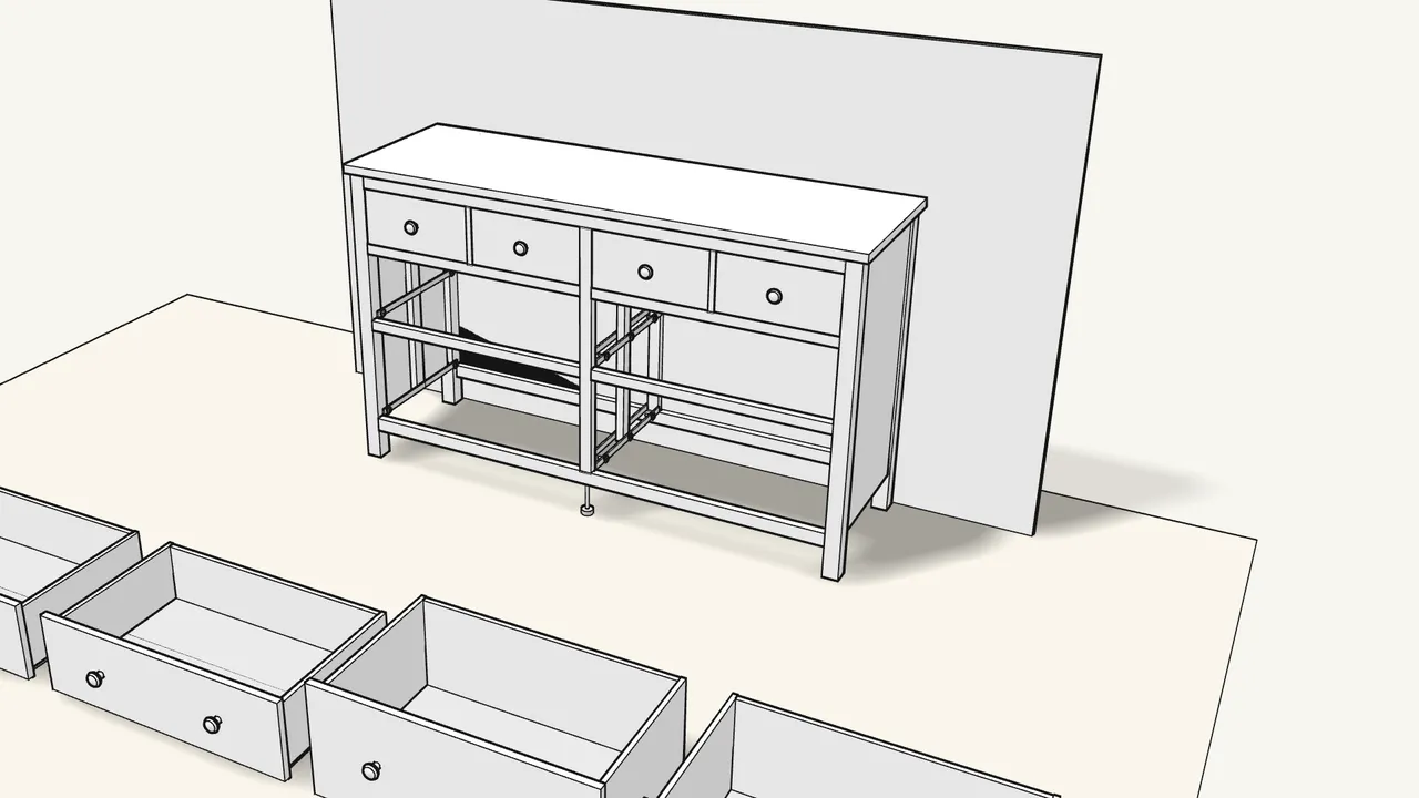 Step 25: Flip the interlock catch as shown, then slide in the small drawers. — IKEA HEMNES assembly