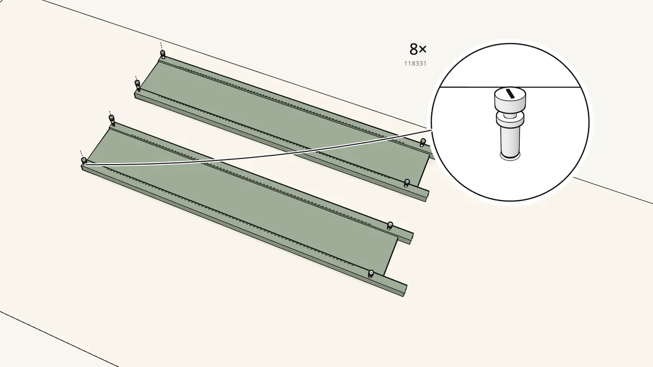 Step 1: Lay both side frames flat. Screw in 8 cam bolts (118331). — IKEA HEMNES assembly