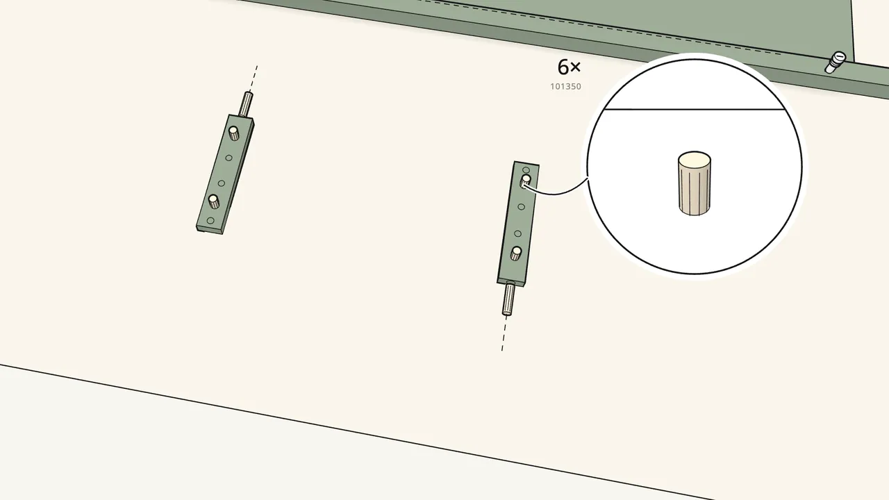 Step 2: Push 6 dowels (101350) into the 2 middle rails. — IKEA HEMNES assembly