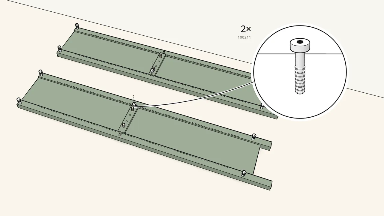 Step 3: Fit a middle rail into each side. Fix each with 1 screw (100211). — IKEA HEMNES assembly