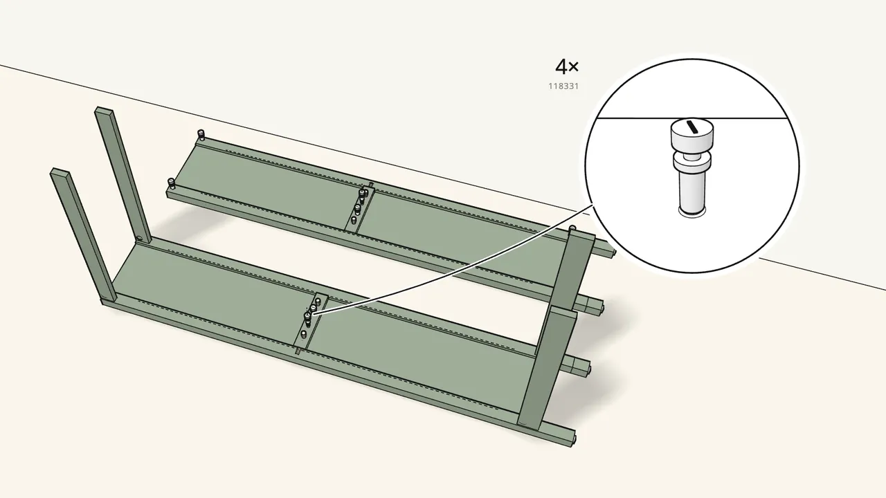 Step 8: Screw 4 cam bolts (118331) into the middle rails. — IKEA HEMNES assembly