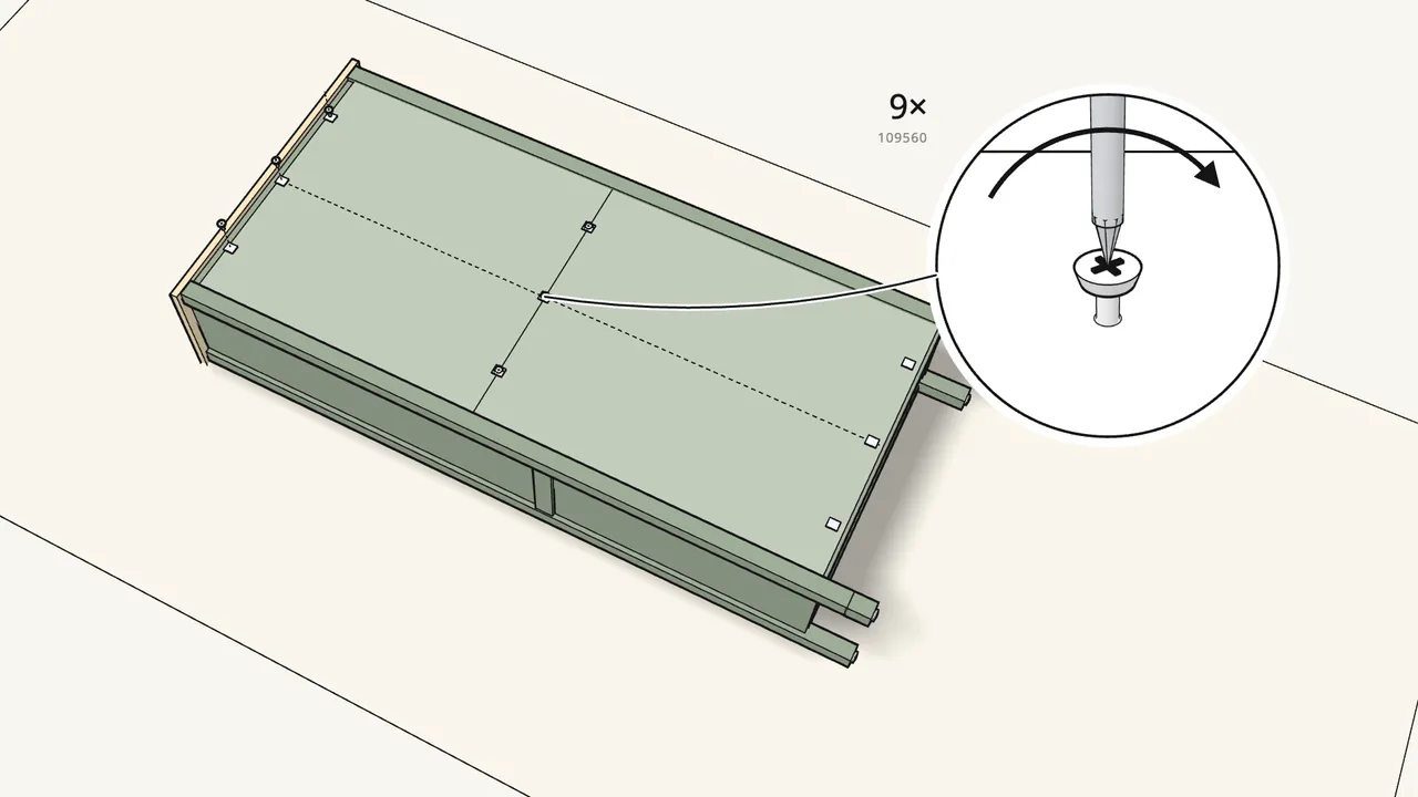 Step 17: Lay it on its front. Fix the back with 9 clips (122723) and screws (109560). — IKEA HEMNES assembly