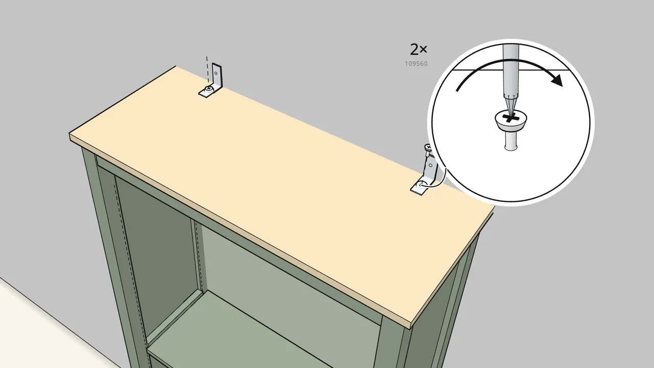 Step 20: Screw 2 wall brackets (119256) onto the top. — IKEA HEMNES assembly