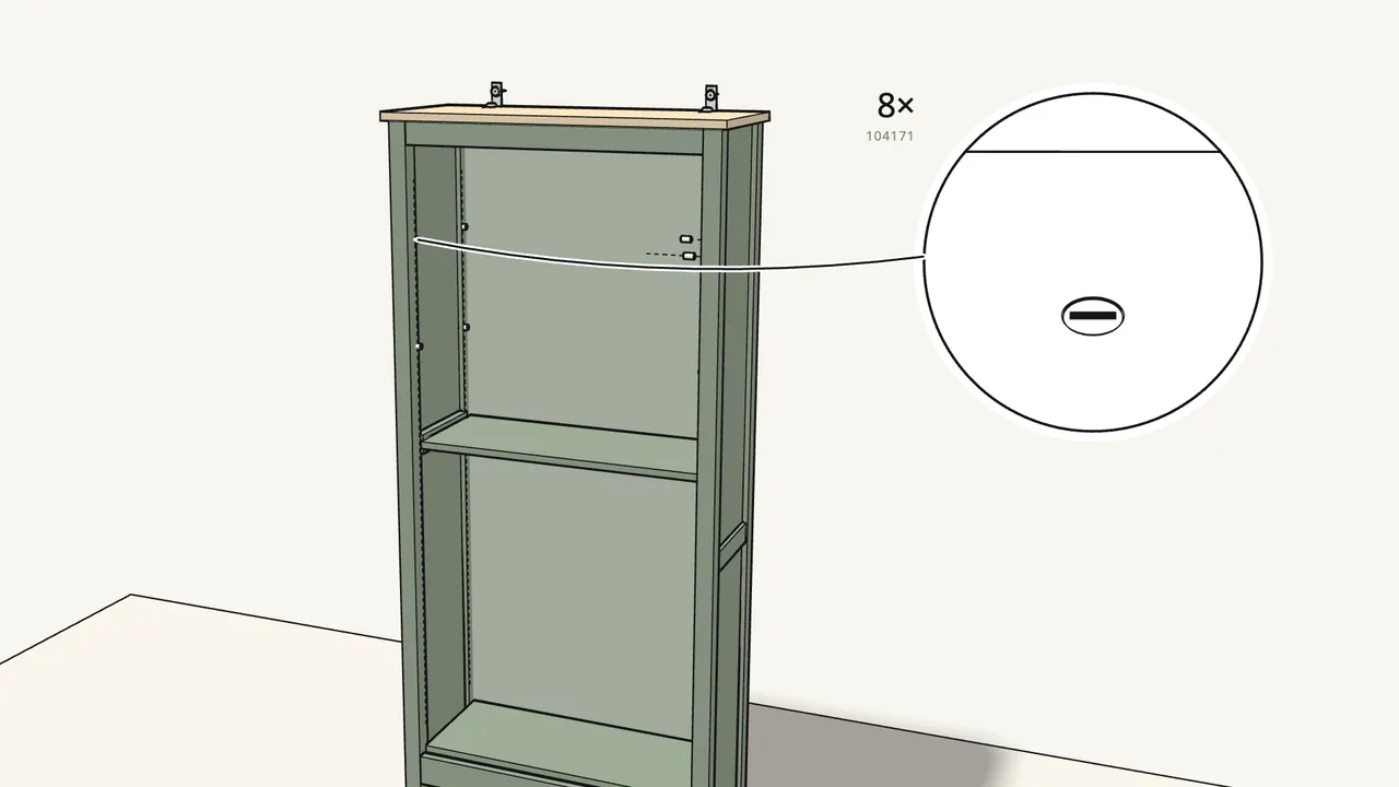 Step 23: Press 8 shelf pins (104171) into the upper section. — IKEA HEMNES assembly