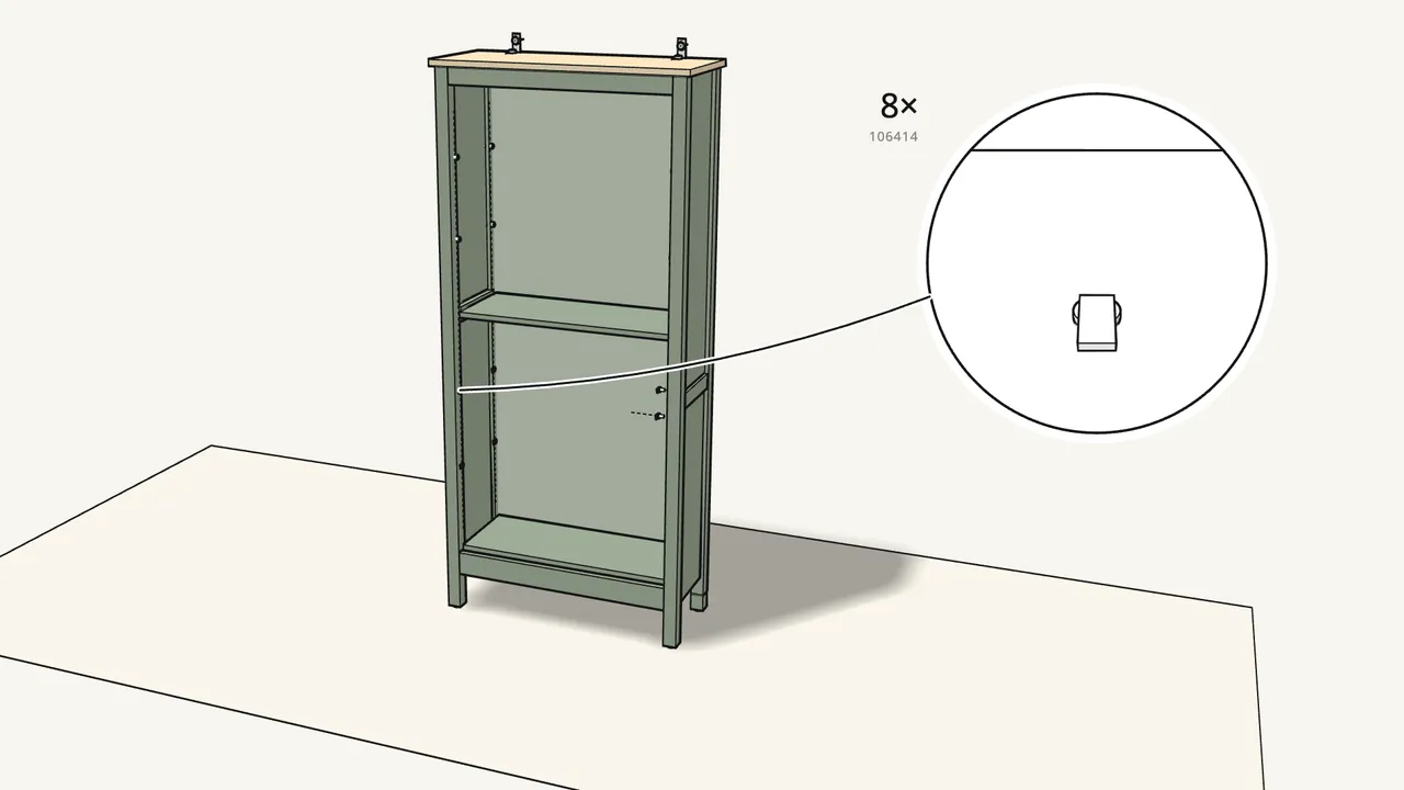 Step 24: Press 8 shelf supports (106414) into the lower section. — IKEA HEMNES assembly