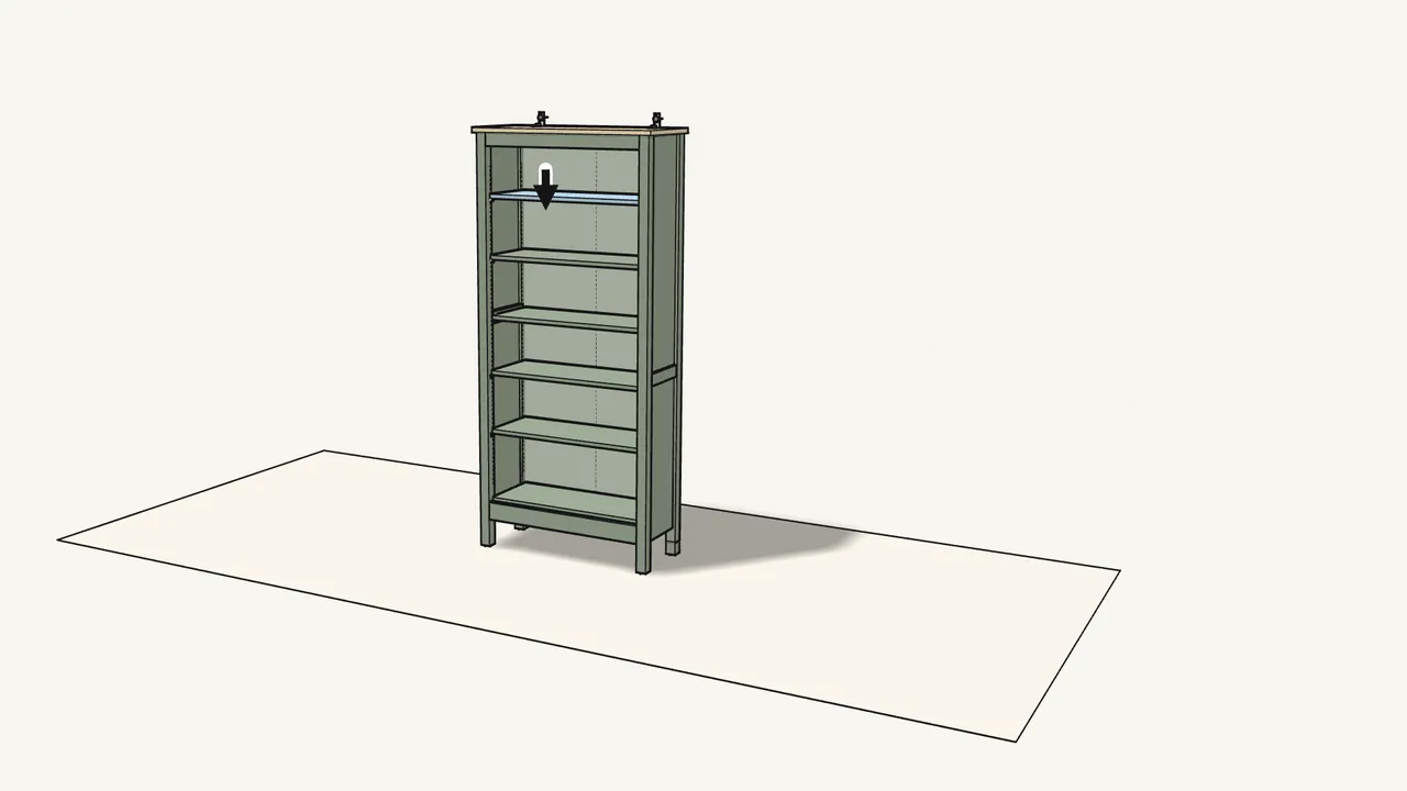 Step 25: Lay the 4 shelves on the pins and supports and press them down. — IKEA HEMNES assembly