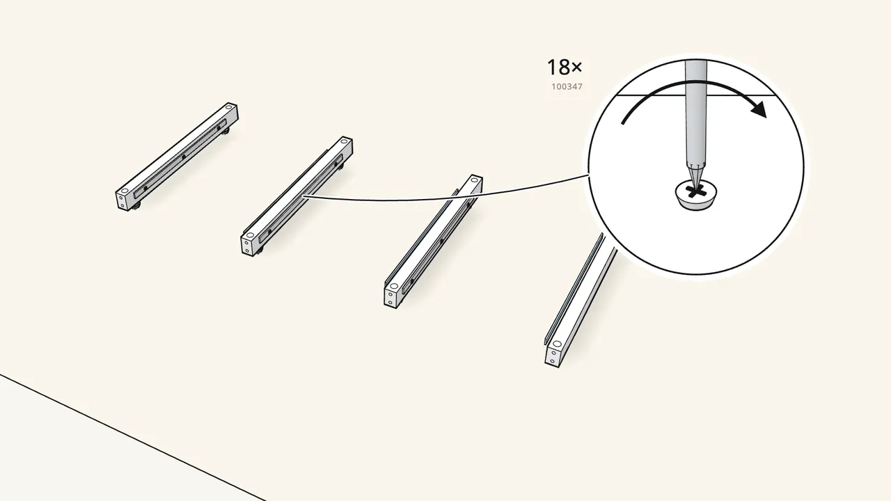 Step 2: Turn the beams over. Screw on the runners marked CR and CL. — IKEA HEMNES assembly