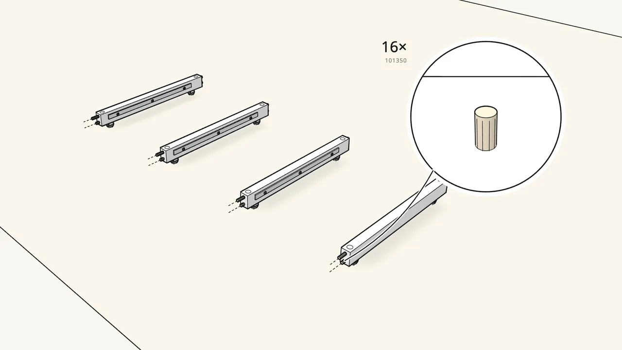 Step 3: Push 16 dowels (101350) into the ends of the beams. — IKEA HEMNES assembly
