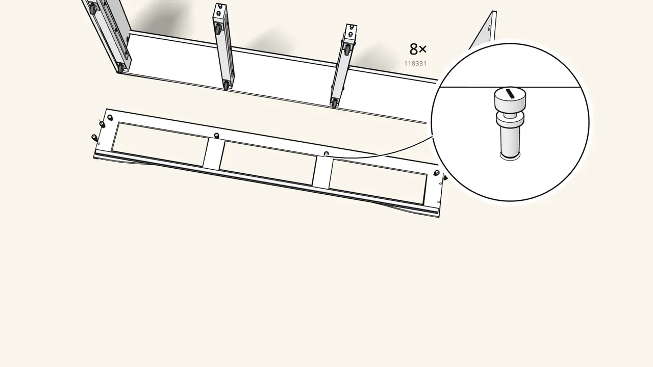 Step 7: Front panel: fit its brackets and slat strip, then 8 cam bolts. — IKEA HEMNES assembly