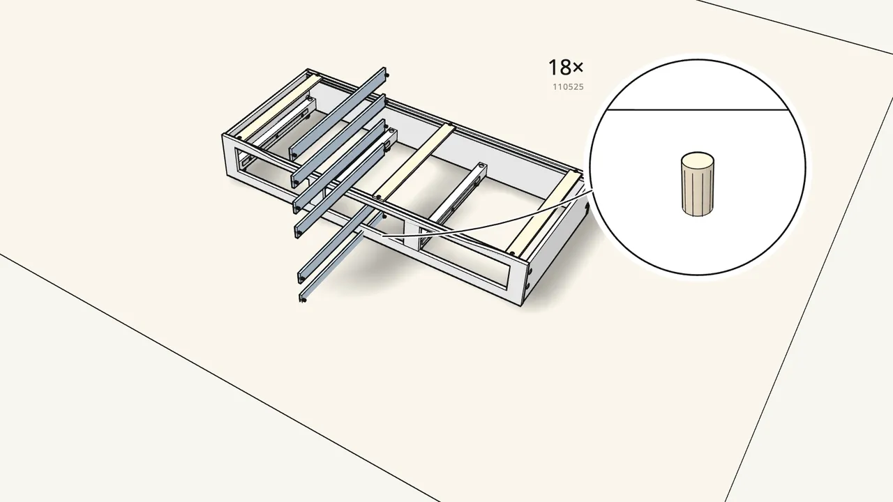 Step 10: Push 18 pins (110525) into 9 slats. Turn the bed upright, lay them in. — IKEA HEMNES assembly