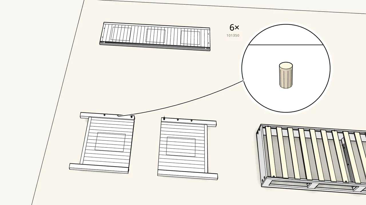 Step 12: Push 6 dowels (101350) into the two end panels. — IKEA HEMNES assembly