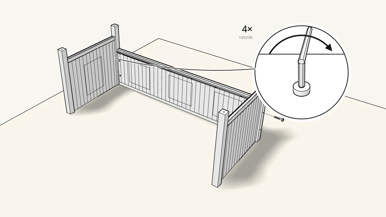 Step 13: Join ends and back upside down: 4 barrel nuts, 4 bolts. — IKEA HEMNES assembly