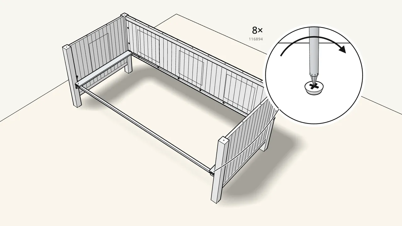 Step 16: Screw a bracket (123660) to 2 slats, then fix them at each end. — IKEA HEMNES assembly