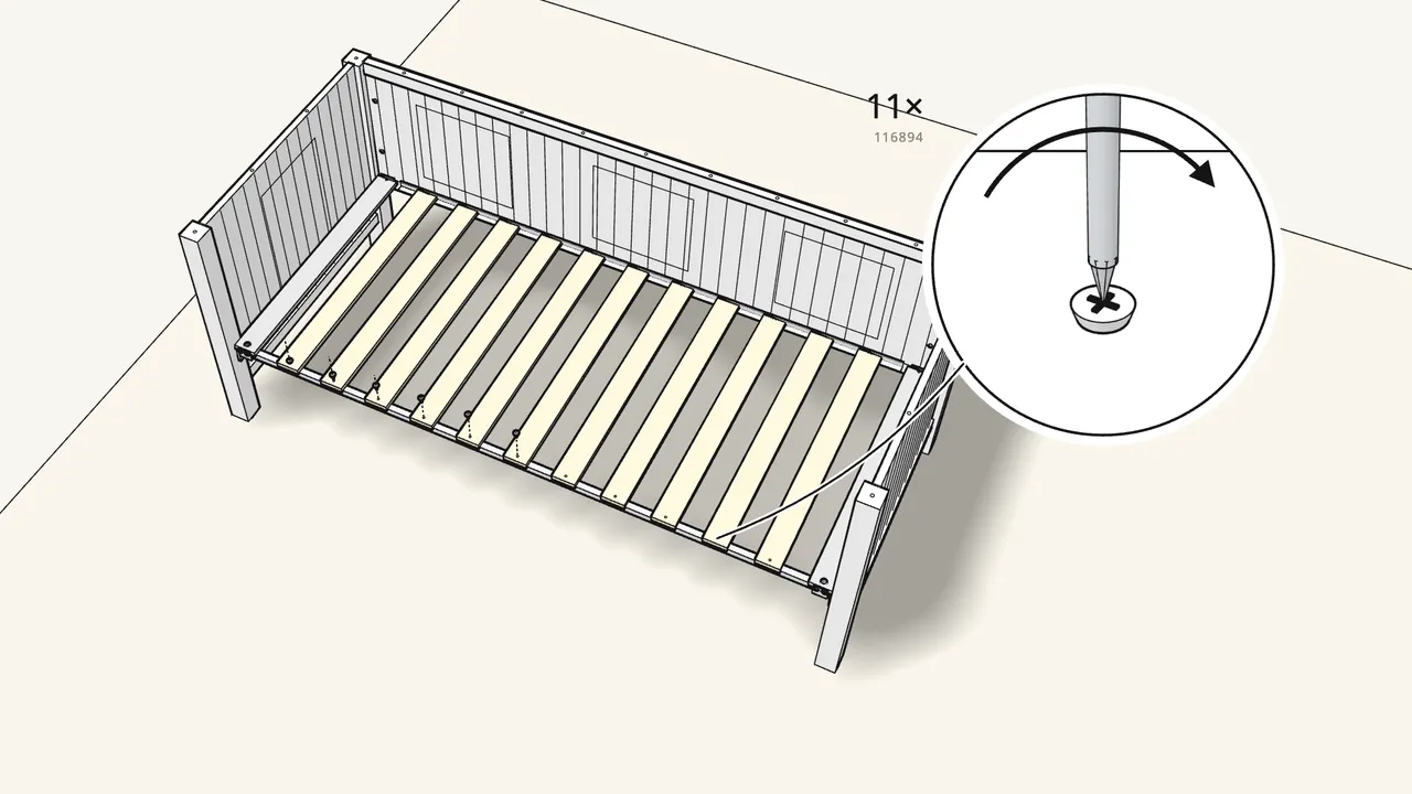 Step 17: Push a pin (110525) into 11 slats. Lay them in, screw the front ends. — IKEA HEMNES assembly