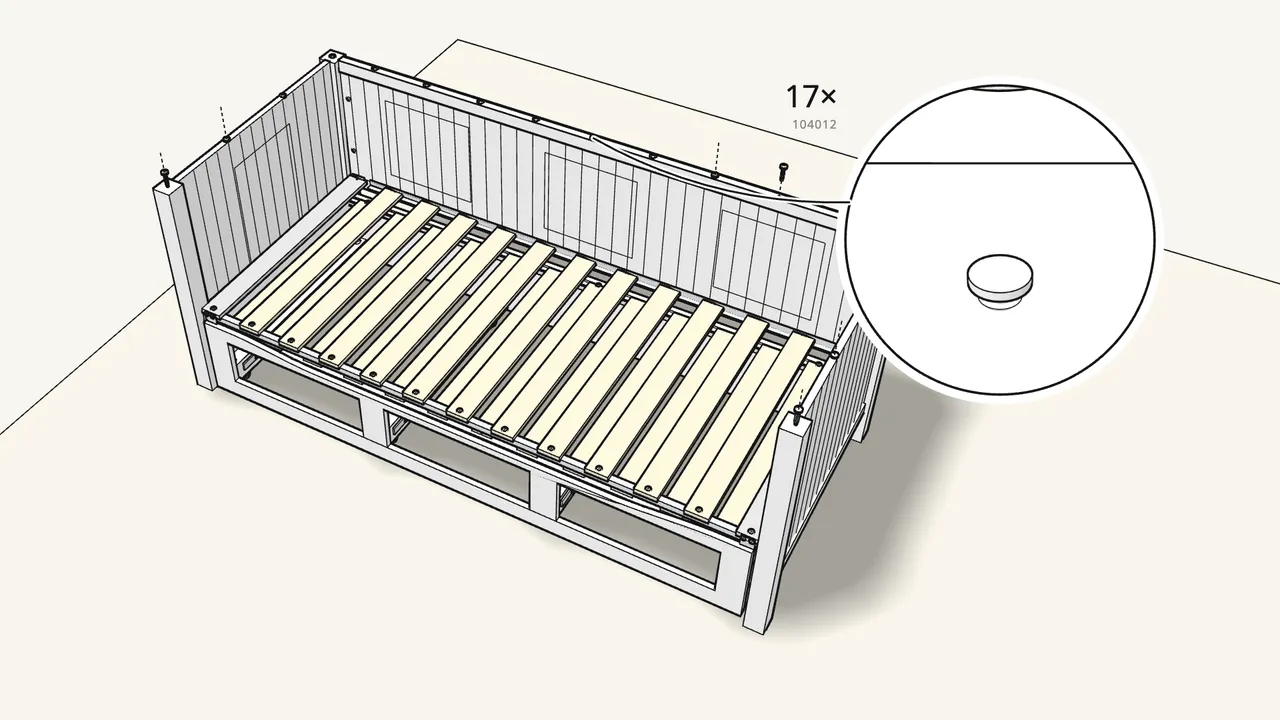 Step 19: Hammer 17 screw dowels (104012) into the top edges. — IKEA HEMNES assembly
