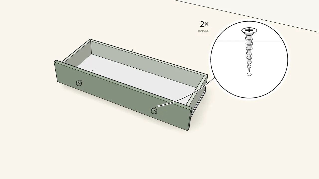 Step 5: Turn it upright. Fit 2 knobs (10122514) with screws 109564. — IKEA HEMNES assembly