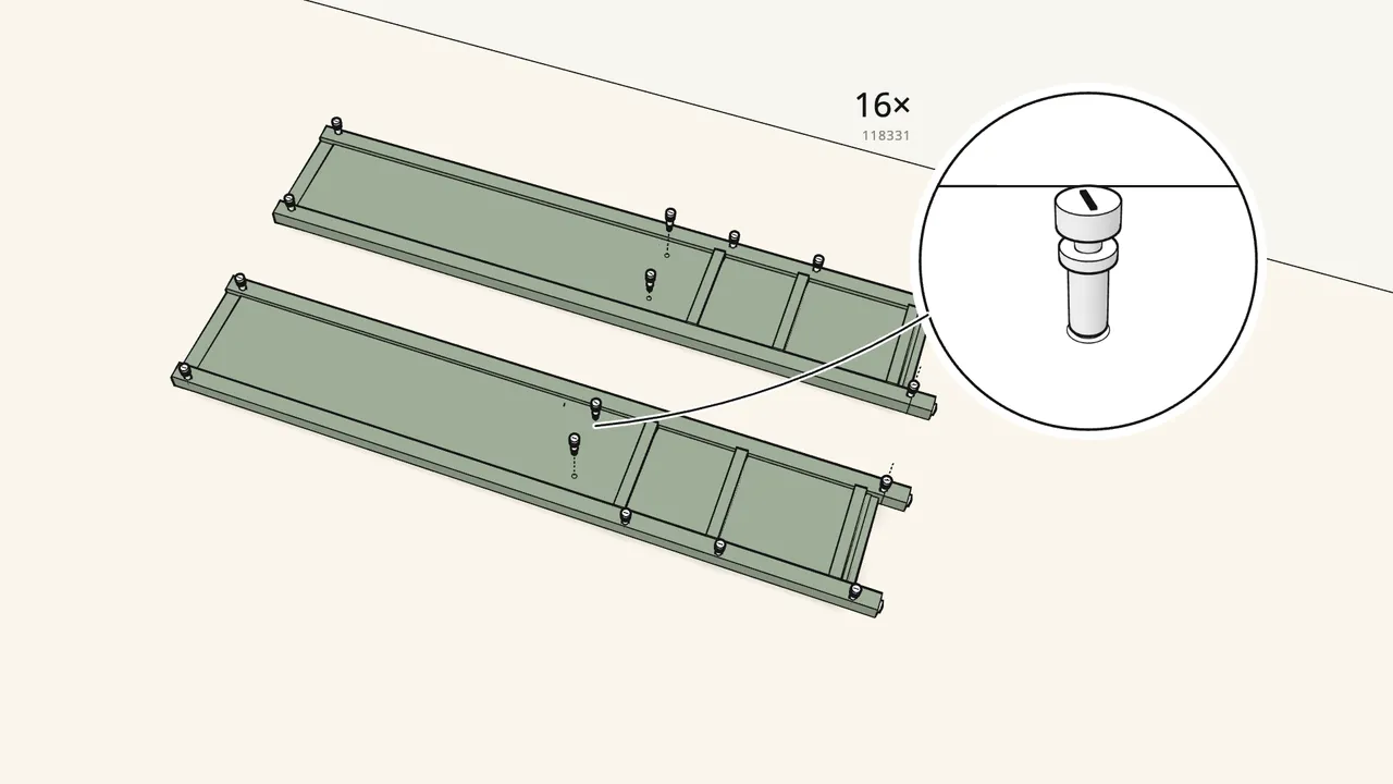 Step 9: Screw 16 cam bolts (118331) into the side frames. — IKEA HEMNES assembly
