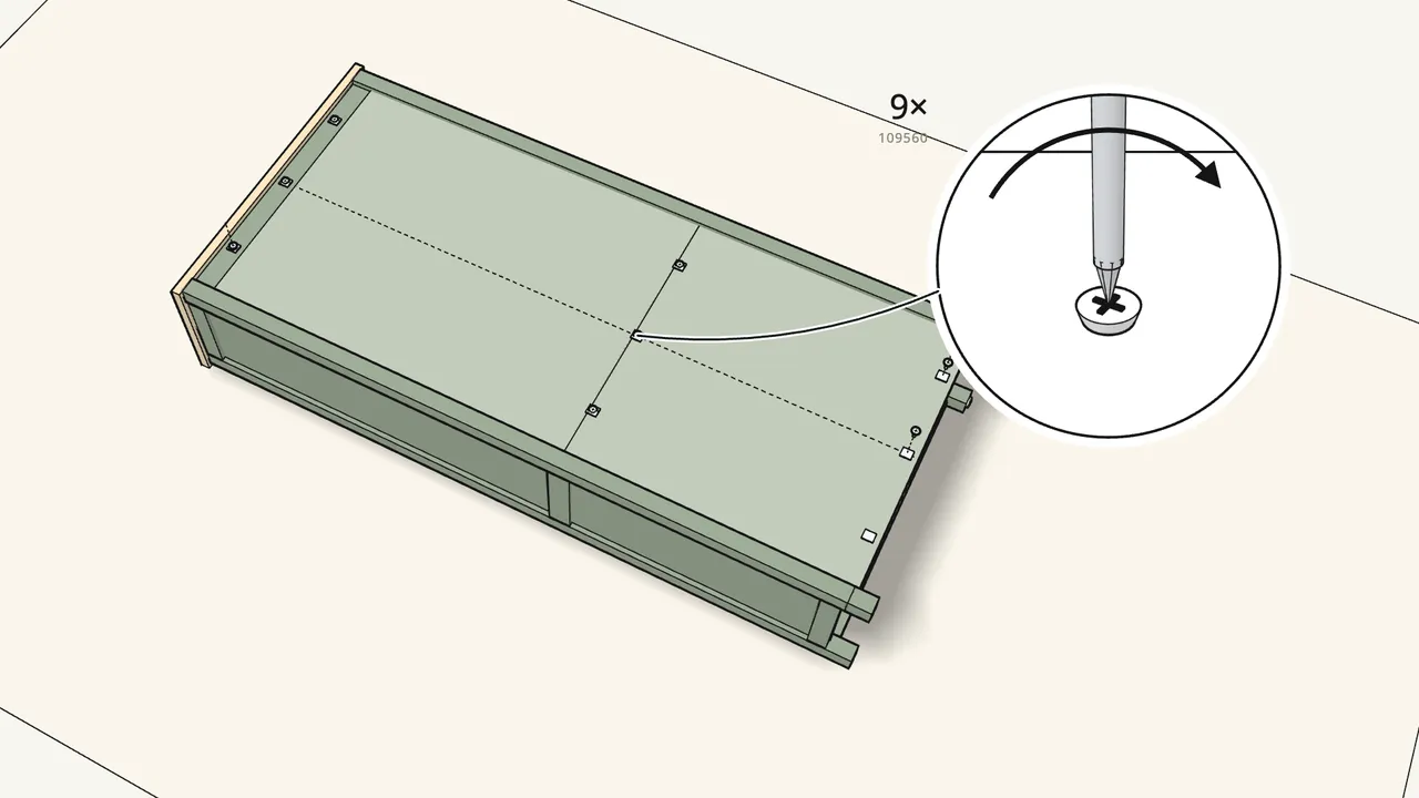 Step 18: Fix the back with 9 clips (122723) and screws (109560). — IKEA HEMNES assembly