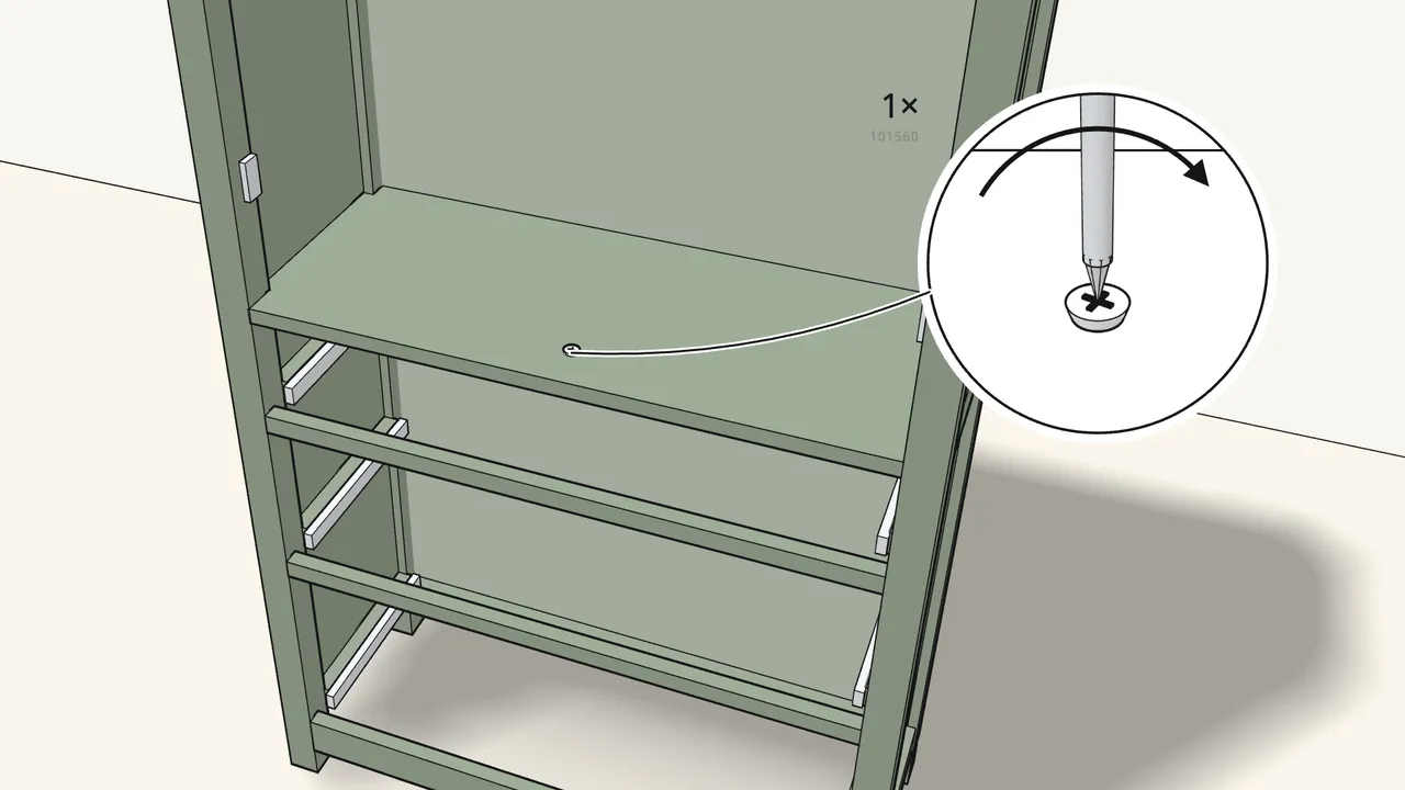 Step 21: Screw 1 screw (101560) into the fixed shelf. — IKEA HEMNES assembly