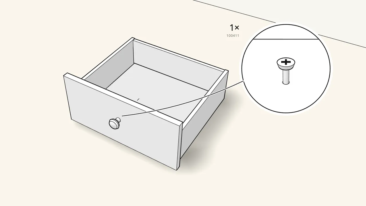 Step 6: Turn the drawer over. Fit the knob (117615) with screw 100411. — IKEA HEMNES assembly