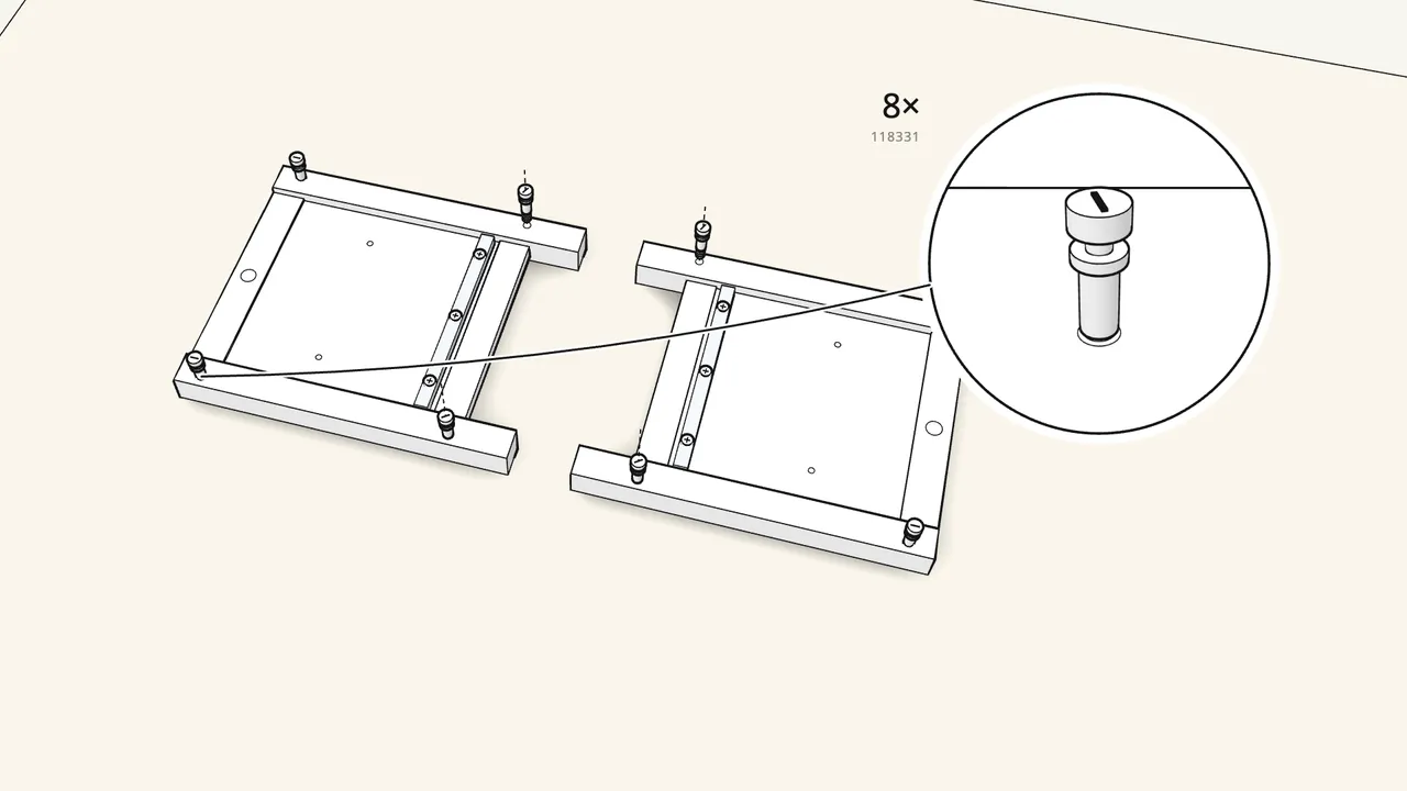Step 10: Screw 8 cam bolts (118331) into the legs. — IKEA HEMNES assembly
