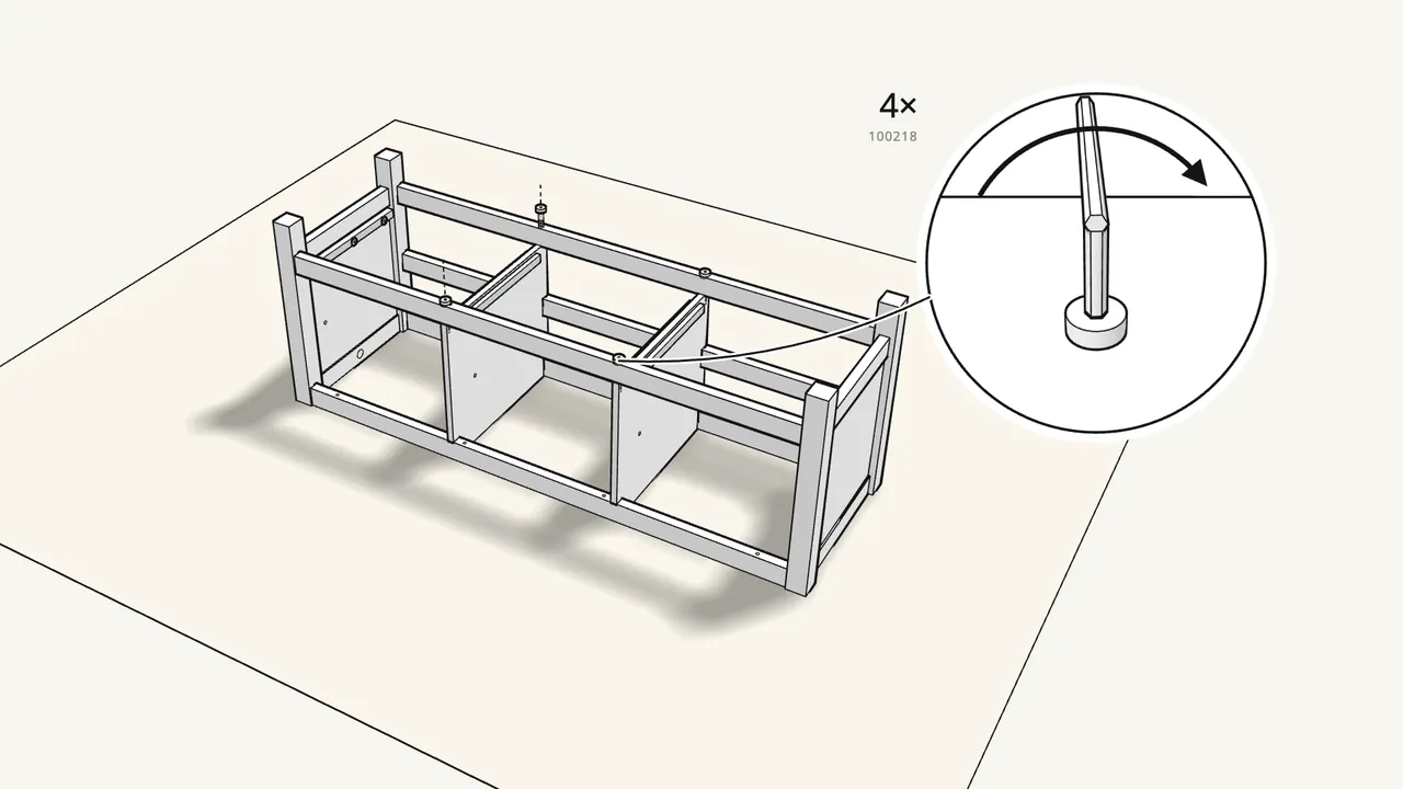 Step 16: Screw 4 screws (100218) through the rails into the dividers. — IKEA HEMNES assembly