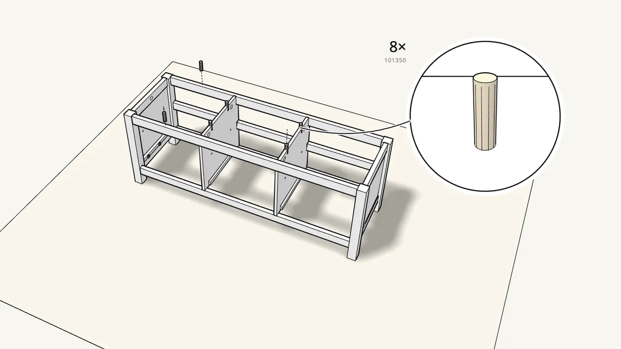 Step 17: Turn it the right way up. Push 8 dowels (101350) into the top edges. — IKEA HEMNES assembly